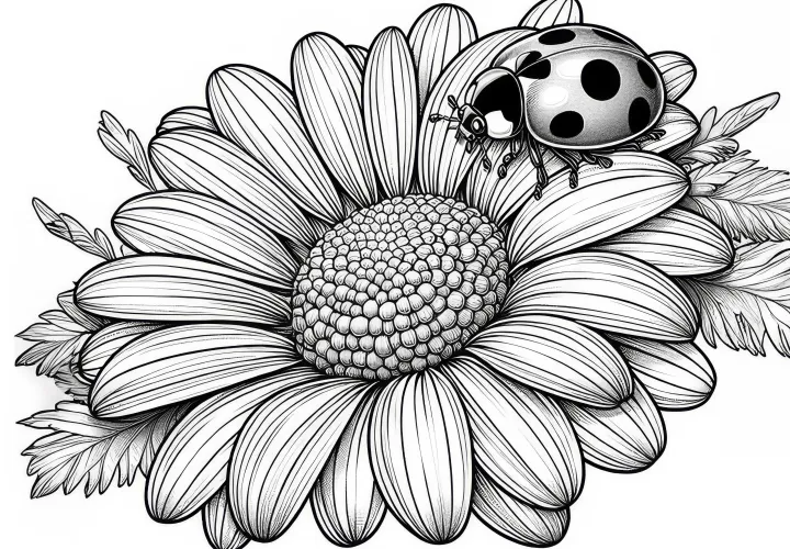 Ladybug crawls over daisies: Detailed coloring page (Free)