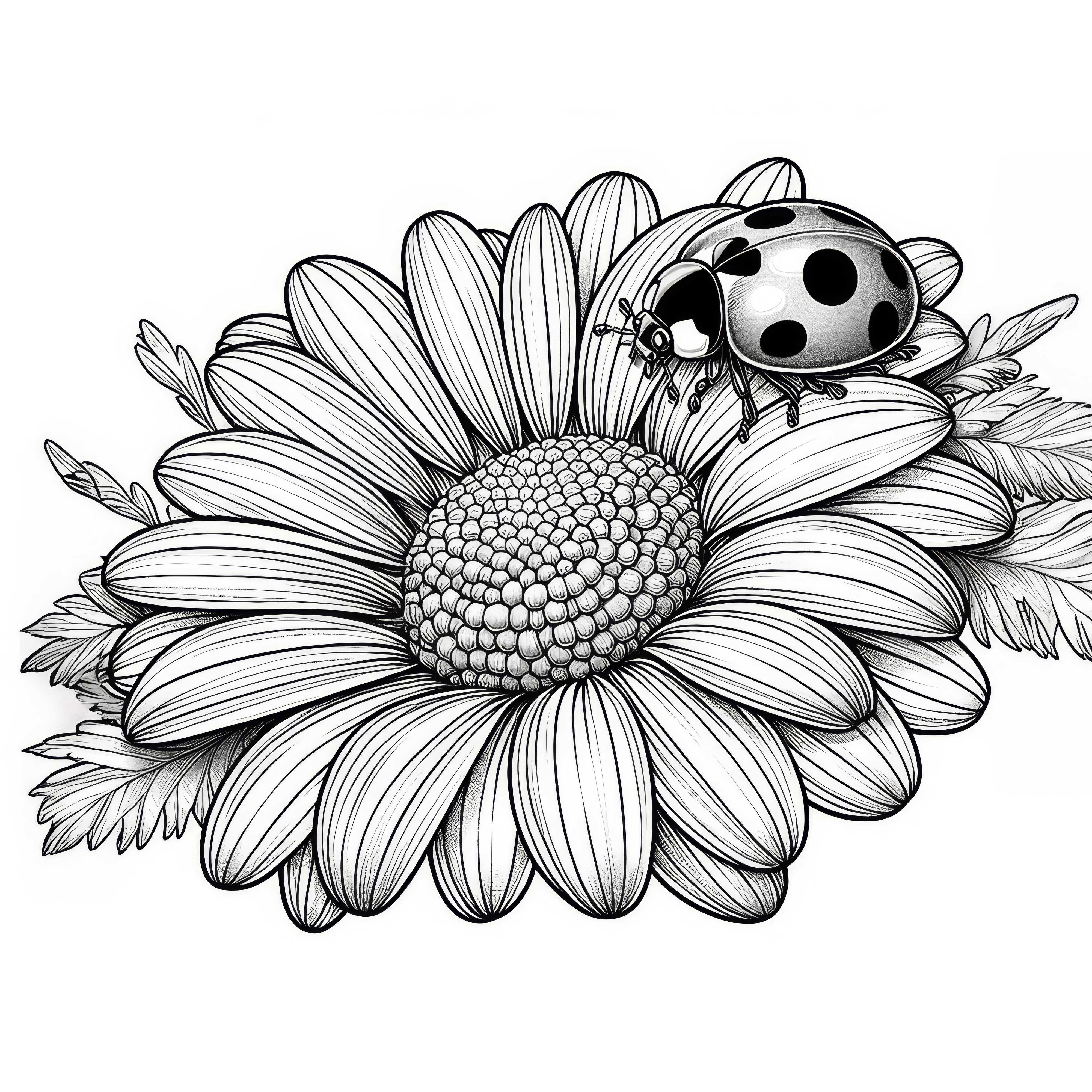 Ladybug crawls over daisies: Detailed coloring template (Free)