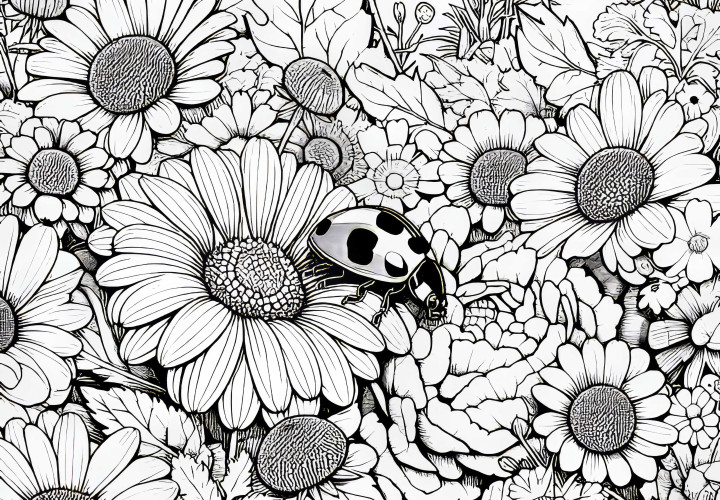Ladybug hides among flowers as a coloring page (Free) Ladybug hides among flowers as a coloring page (Free)