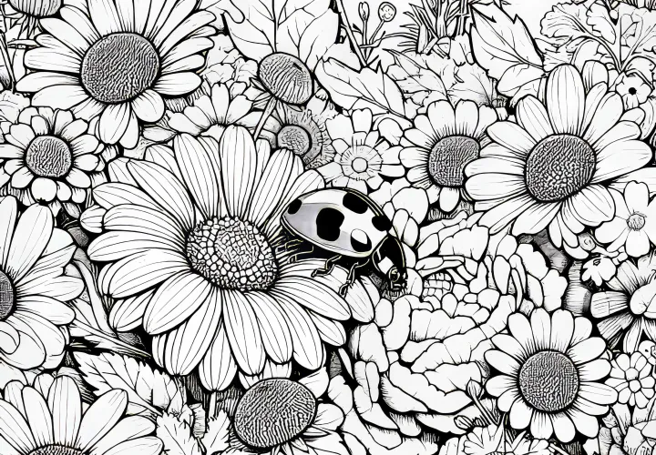 Ladybug hides among flowers as a coloring page (Free)