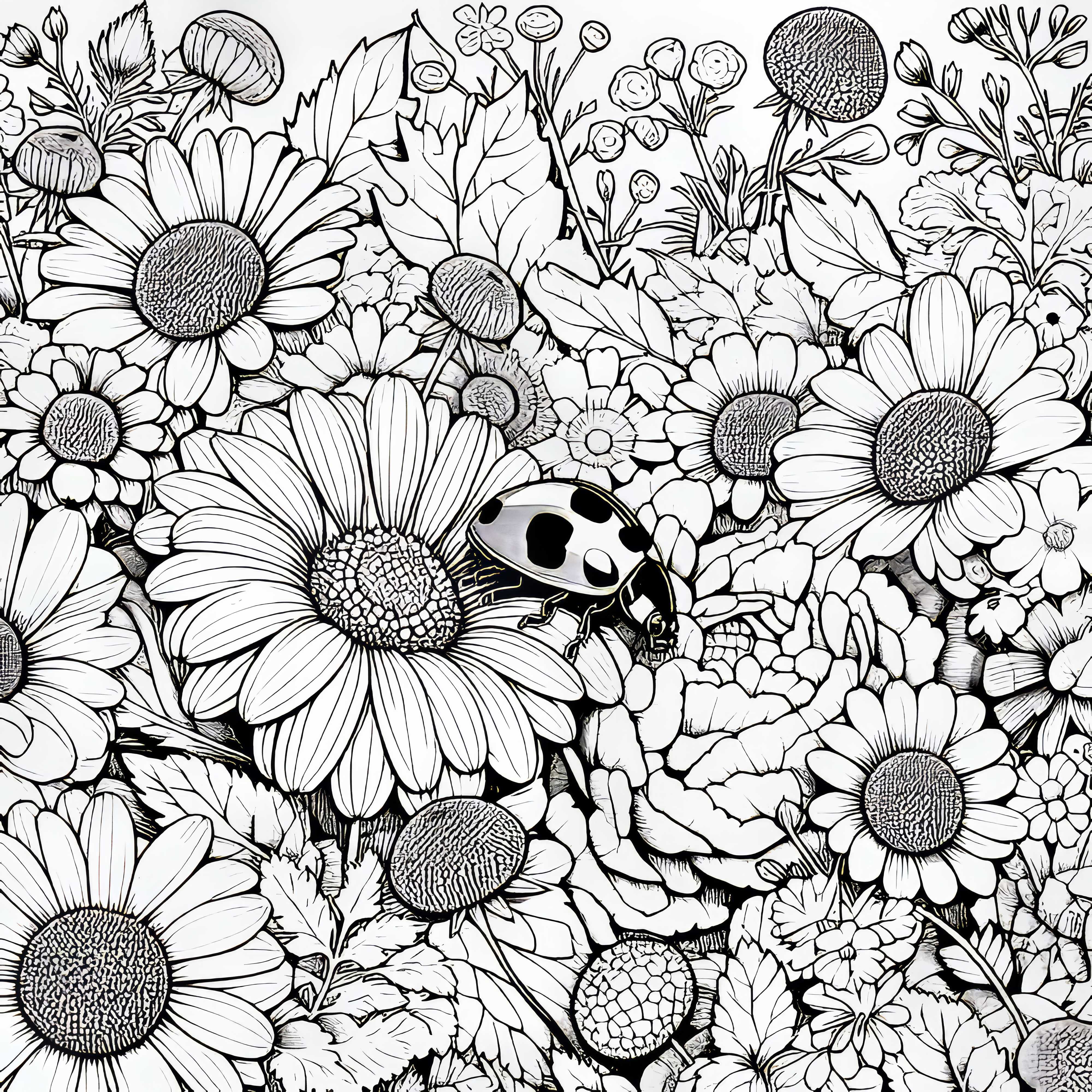Ladybird hides between flowers as a coloring page (Free)