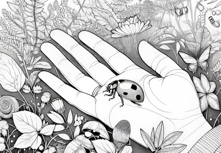 Ladybug on a palm: Coloring template for download (Free) Ladybug on a palm: Coloring page for download (Free)