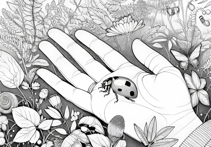 Ladybug on a palm: Coloring page for download (Free)