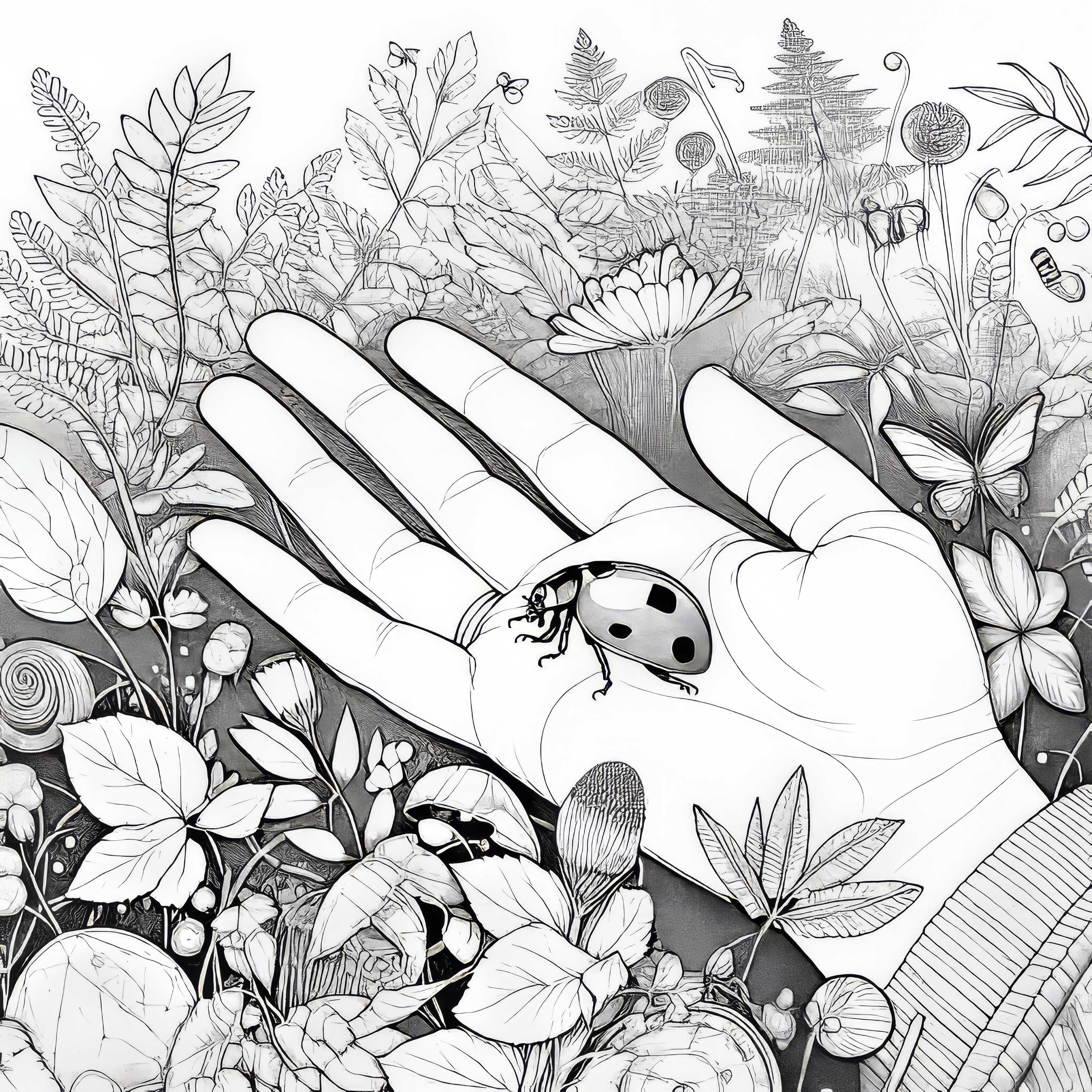 Ladybug on a palm: Coloring template for download (Free)