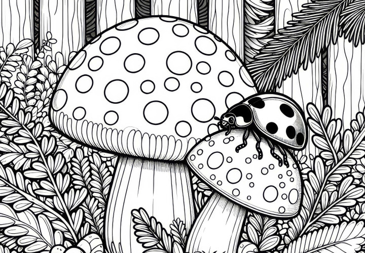 Ladybug crawls over a small mushroom in the forest: Coloring page to download (Free) Ladybird crawls over a small mushroom in the forest: Coloring page to download (Free)