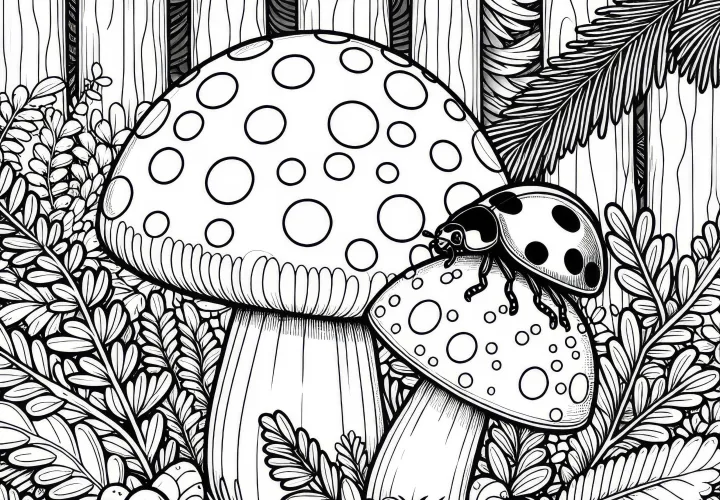 Ladybird crawls over a small mushroom in the forest: Coloring page to download (Free)