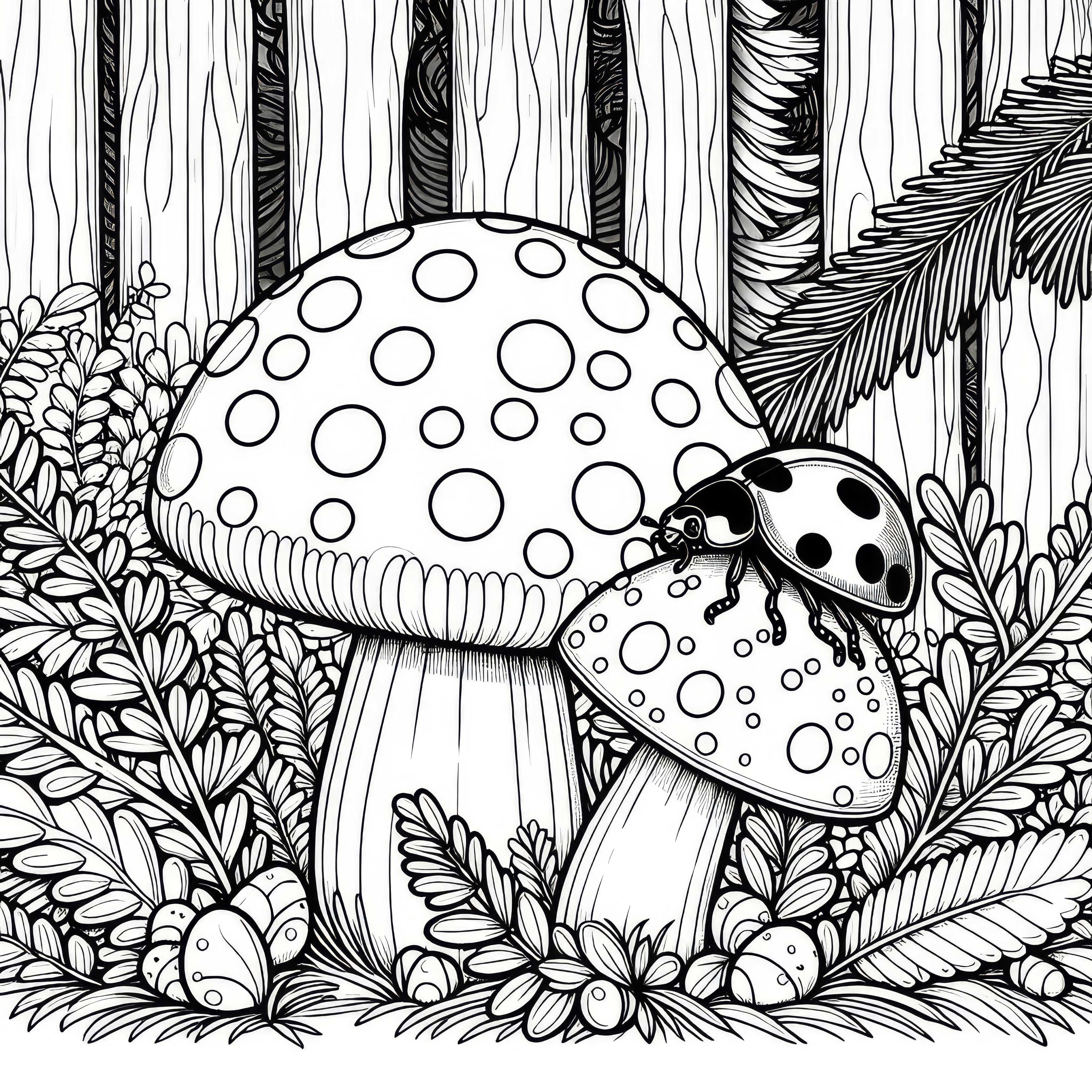 Ladybug crawls over a small mushroom in the forest: Coloring page to download (Free)
