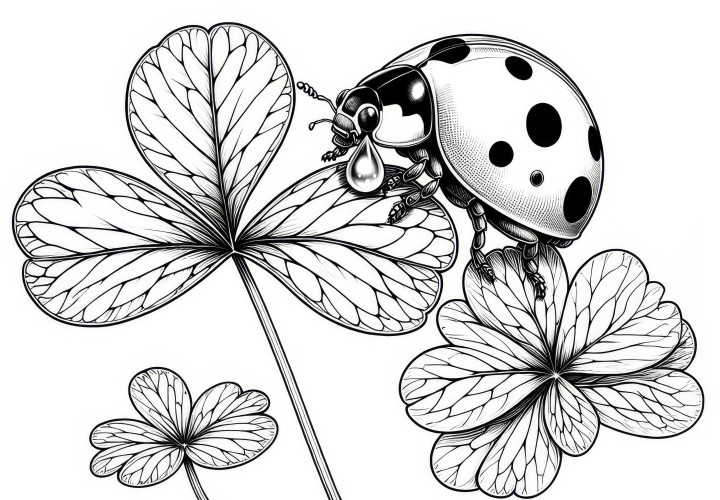 Ladybird sits on clover leaf: Coloring page in high quality (Free) Ladybug sits on clover leaf: Coloring page in high quality (Free)