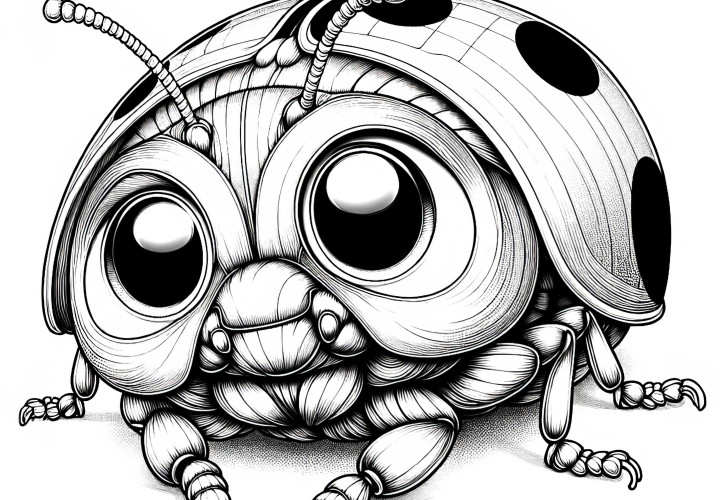 Ladybug with big eyes looks curiously at the world: Detailed coloring page (Free) Ladybug with big eyes curiously looks into the world: Detailed coloring template (Free)