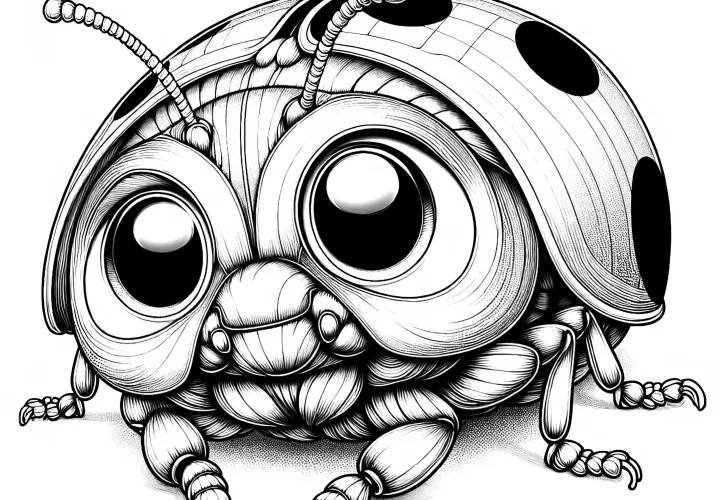 Ladybug with big eyes curiously looks into the world: Detailed coloring template (Free)