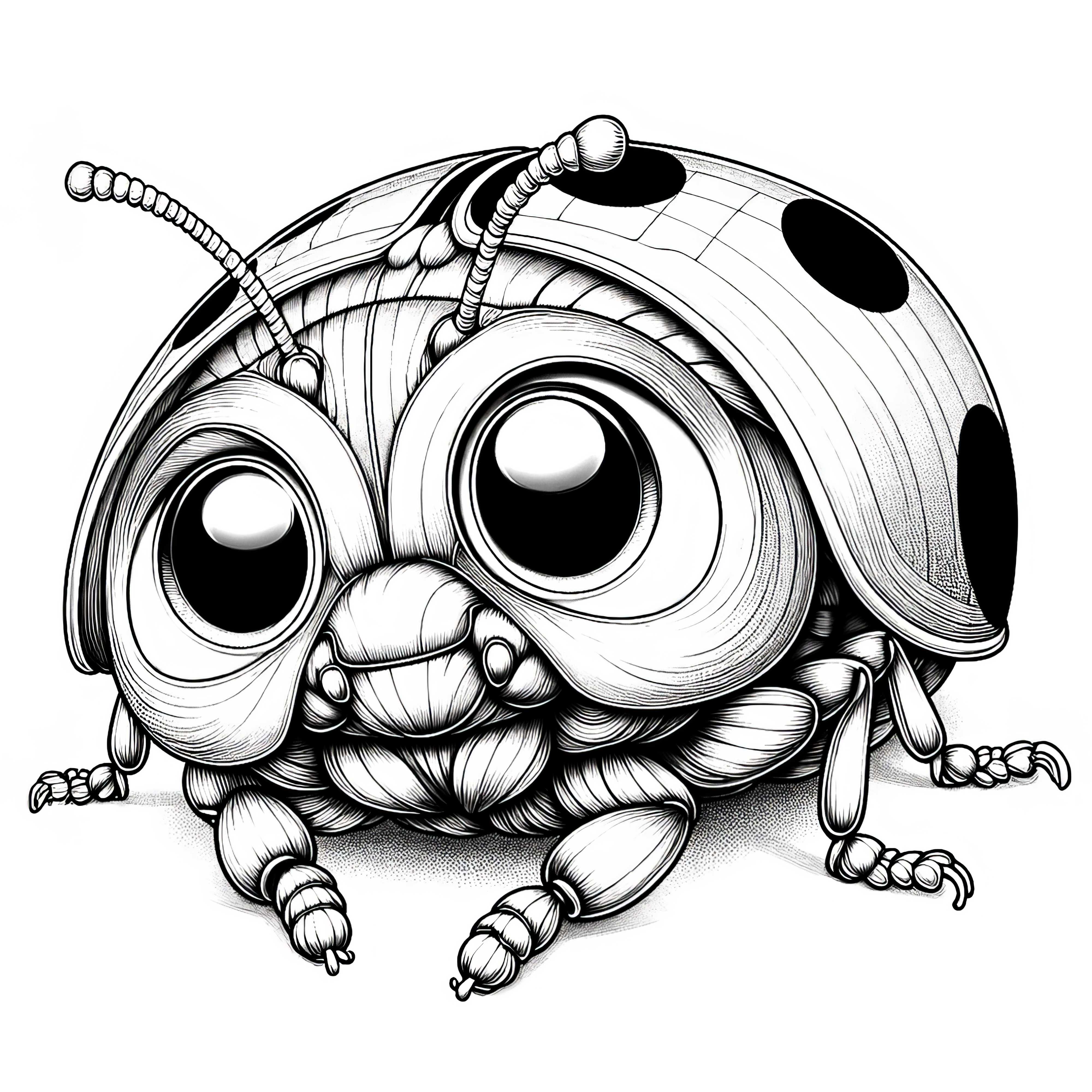 Ladybug with big eyes curiously looks into the world: Detailed coloring page (Free)