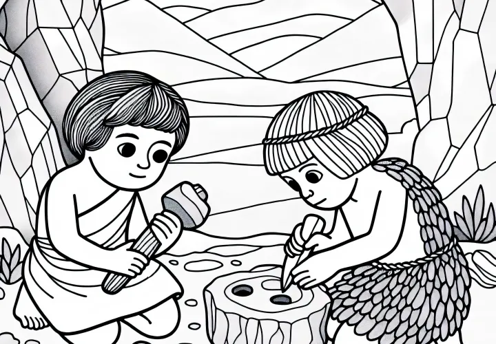 Двое детей доисторической эпохи вырезают инструменты из камня