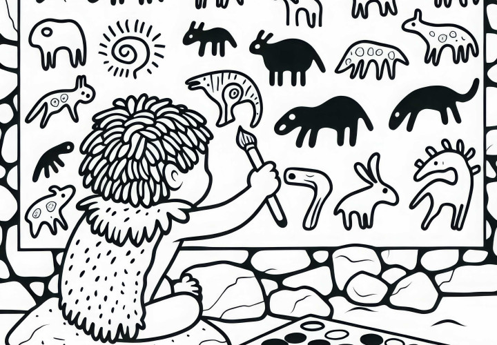 Een kind kleurt een grotwand in met eenvoudige dierentekeningen: Kleurplaat prehistorie gratis