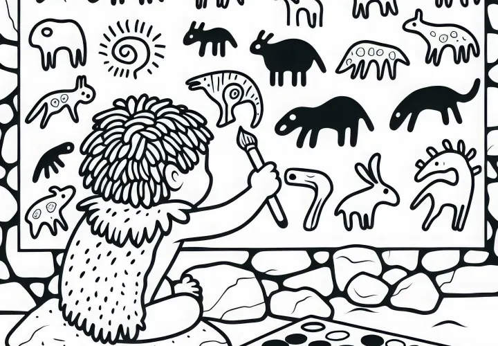 Ребёнок раскрашивает стену пещеры простыми рисунками животных: Раскраска доистории бесплатно