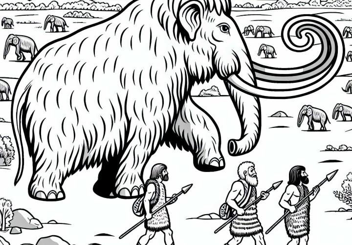 Een mammoet loopt rustig door een open landschap, terwijl mensen met speren het gade slaan