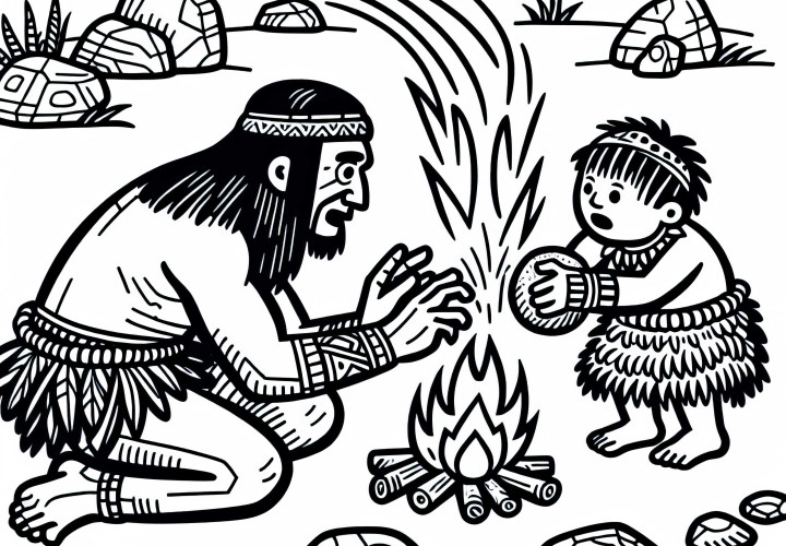 Een volwassene laat een kind zien hoe je vuur kunt maken met stenen Kleurplaat Prehistorie gratis