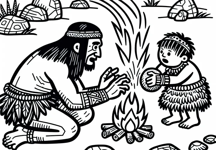 Взрослый показывает ребенку, как разжигать огонь с помощью камней. Бесплатная раскраска доисторическая эпоха