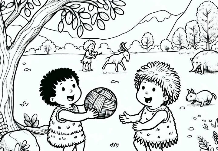 Twee kinderen spelen met een bal gemaakt van dierenhuid - Kleurenpagina Prehistorie gratis