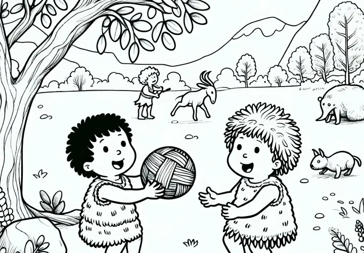 Два ребенка играют с мячом из животной кожи – раскраска доисторической эпохи бесплатно