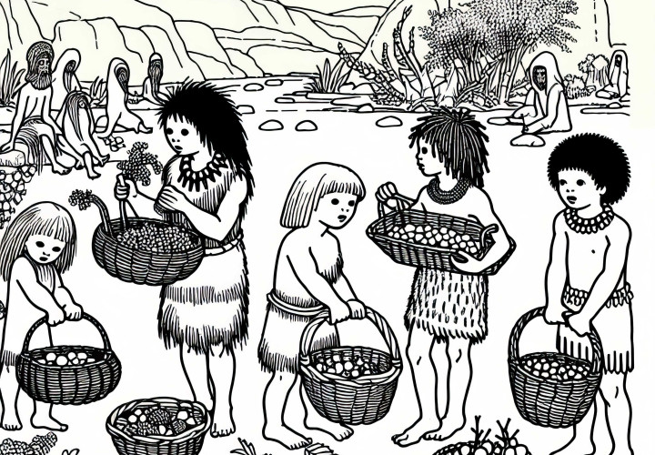 Kinderen verzamelen bessen en noten in manden - Kleurplaat prehistorie gratis