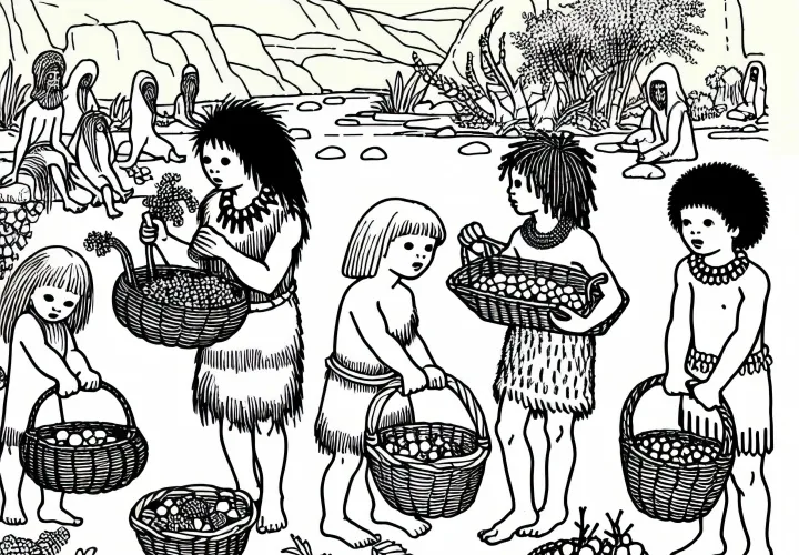 Дети собирают ягоды и орехи в корзинах - бесплатная раскраска доисторических времен
