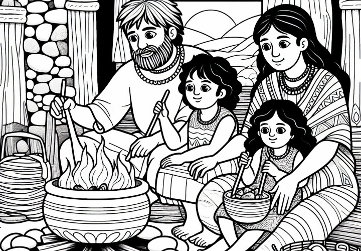 Een gezin zit voor een vuurplaats en kookt in een stenen pot - Kleurplaat Prehistorie gratis