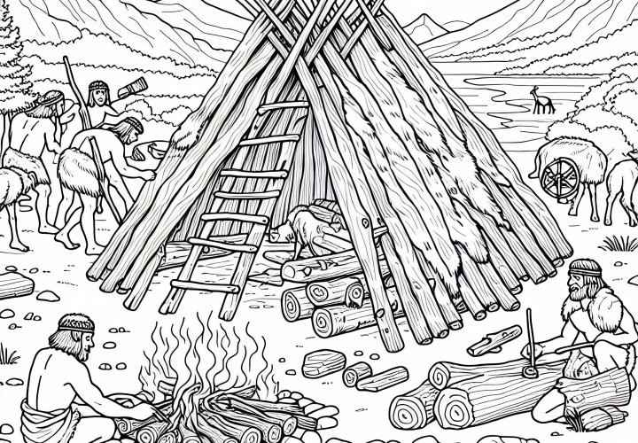 Een groep bouwt een eenvoudig tent van hout en dierenhuiden