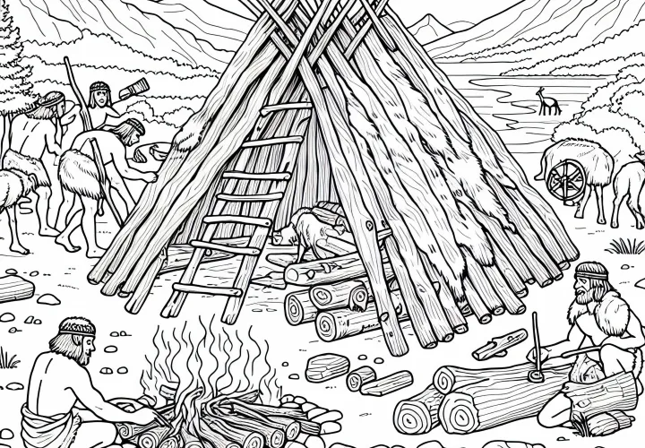 Группа строит простую палатку из дерева и animal шкур