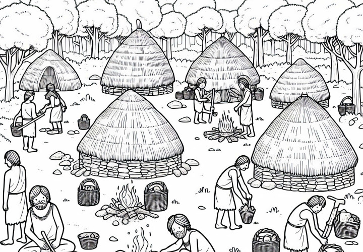 Een scène met een eenvoudig dorp van hutten, waar iedereen samenwerkt