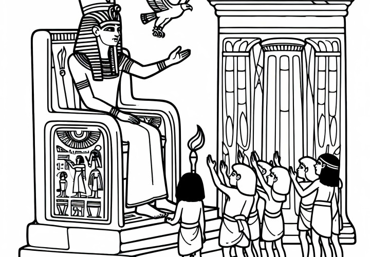 A pharaoh waves to children while sitting on a throne - coloring page Ancient Egypt free