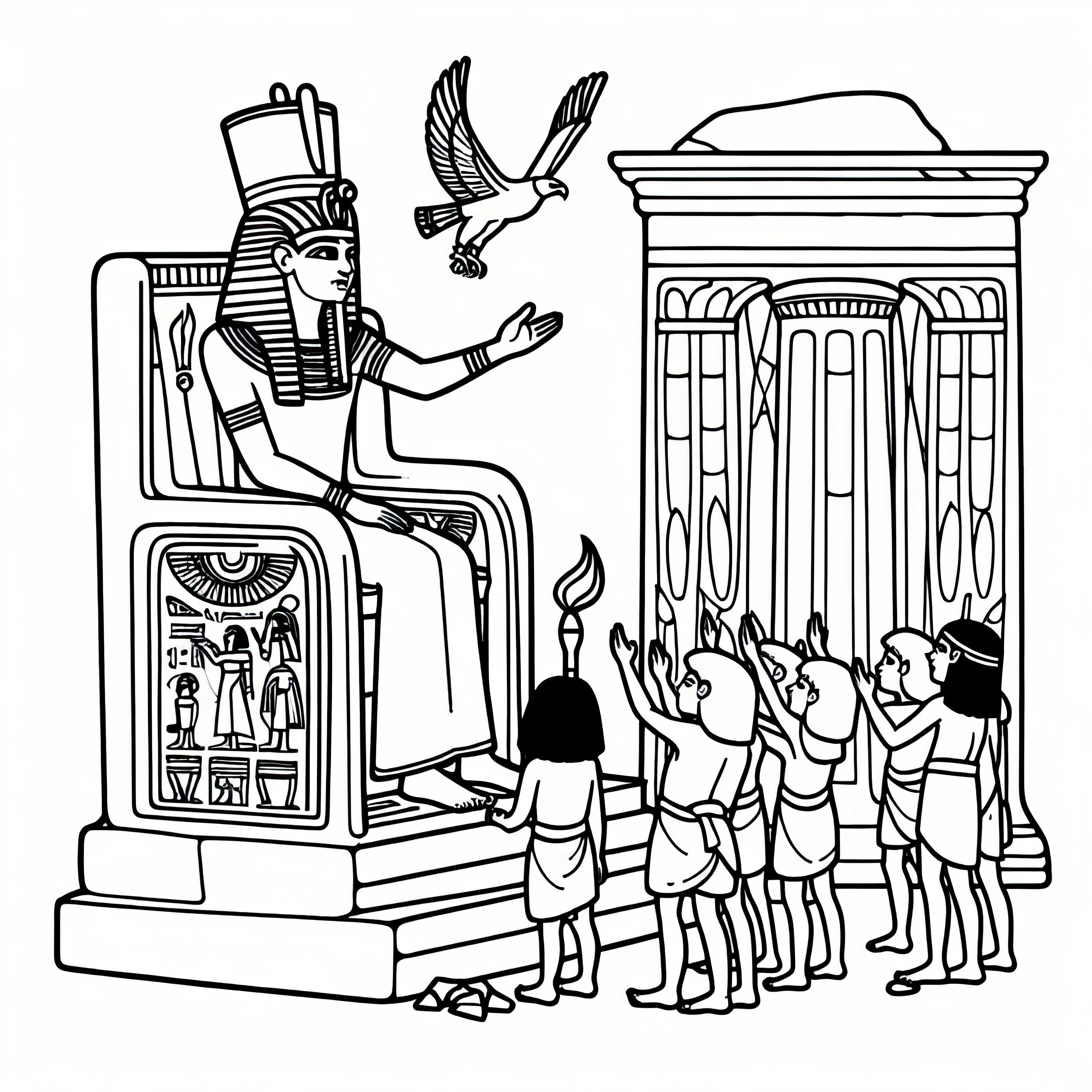A pharaoh waves to children while sitting on a throne – coloring page Ancient Egypt free A pharaoh waves to children while sitting on a throne - Free coloring page Ancient Egypt