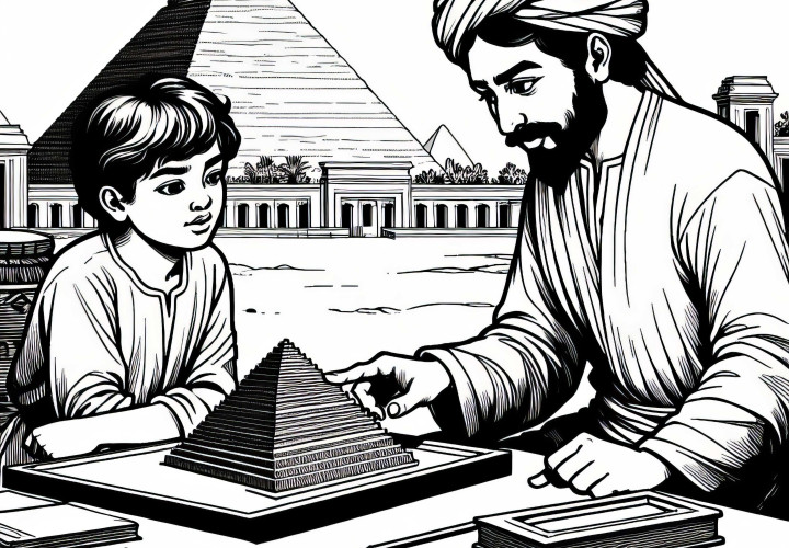 A builder explains a boy the model of a pyramid - free coloring template Ancient Egypt