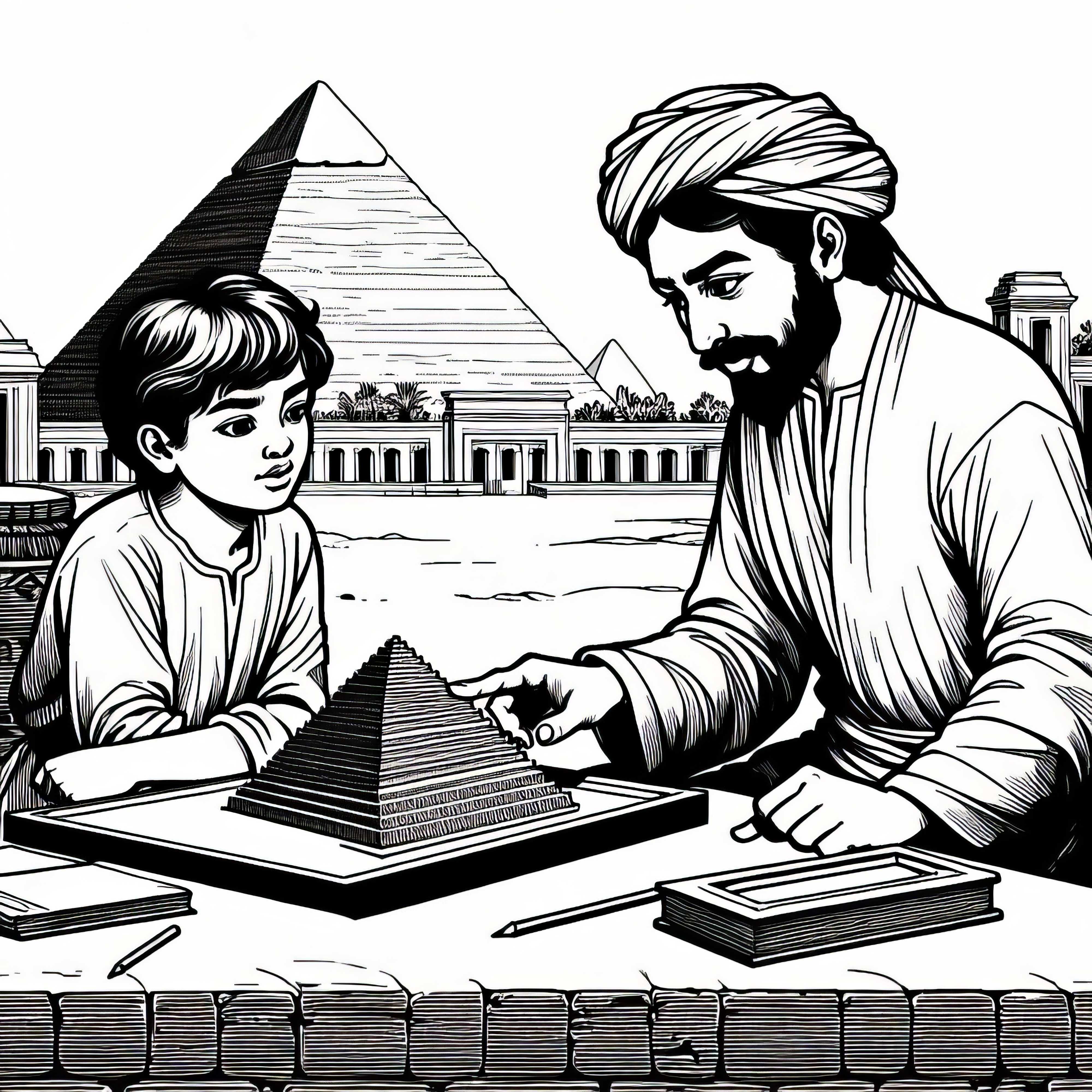 A builder explains a model of a pyramid to a boy - coloring template Ancient Egypt free A builder explains the model of a pyramid to a boy - coloring template Egyptian Empire free