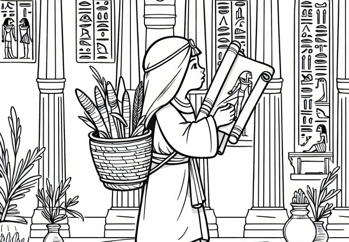 A child carries a small basket with papyrus rolls through a palace scene – Free coloring page Egyptian Empire