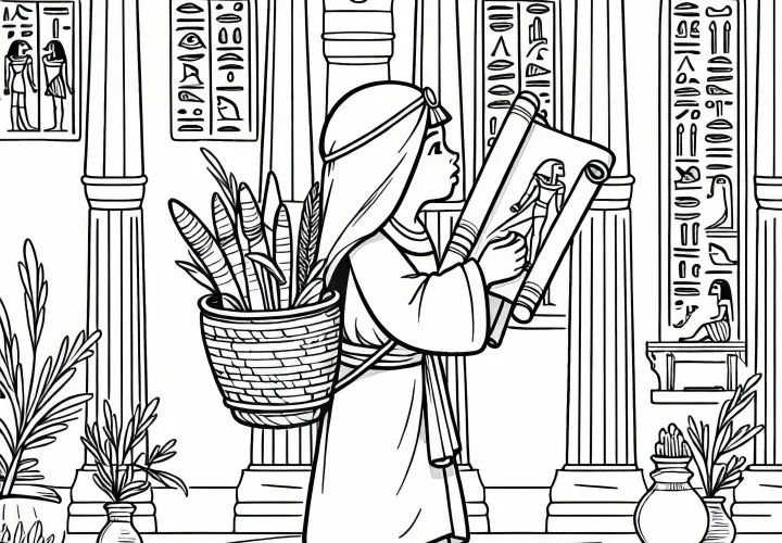 Ребёнок несёт маленькую корзину с папирусными свитками через сцену дворца – раскраска Древнего Египта бесплатно