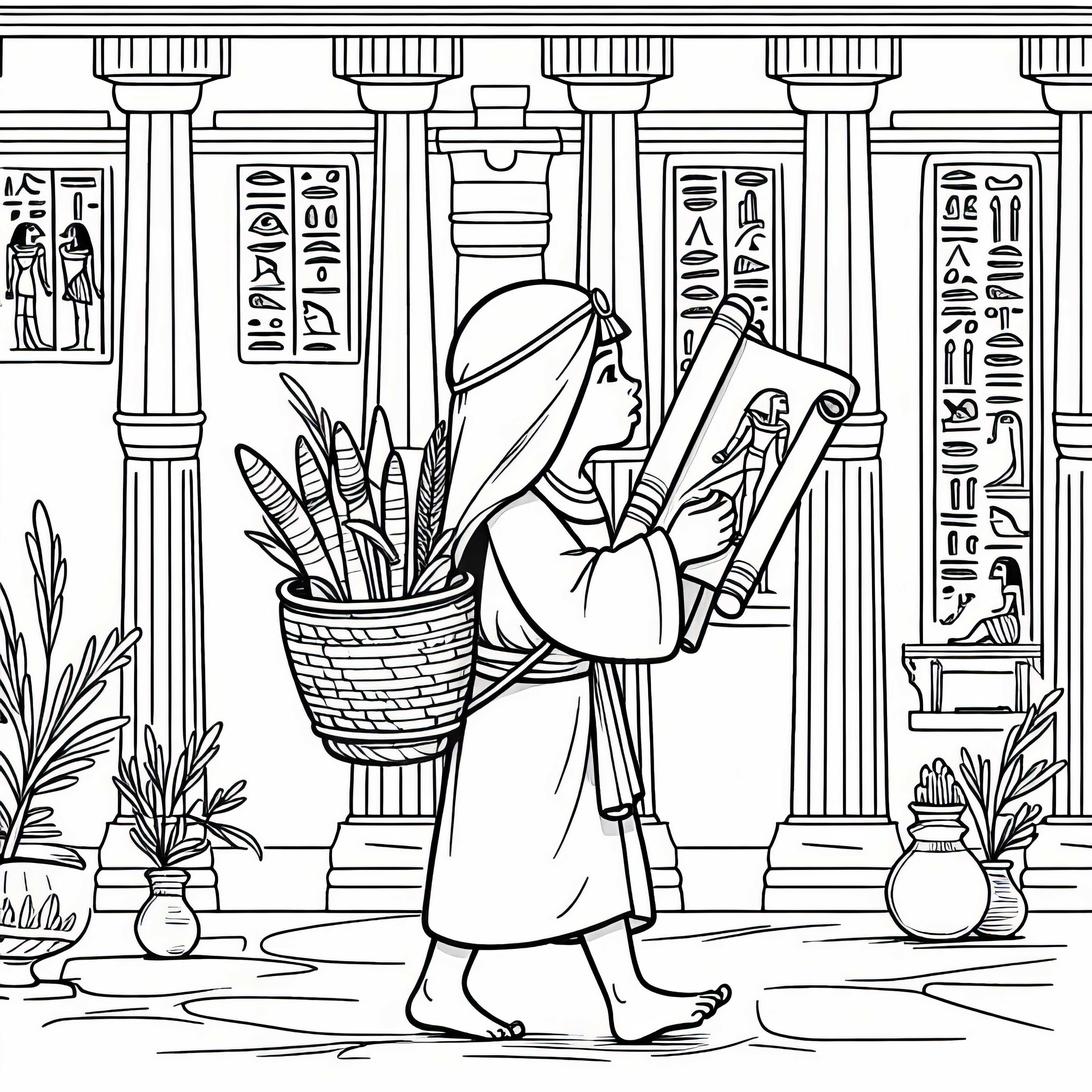 A child carries a small basket of papyrus rolls through a palace scene - coloring page Egyptian Empire free A child carries a small basket with papyrus rolls through a palace scene - coloring page Egyptian Empire free