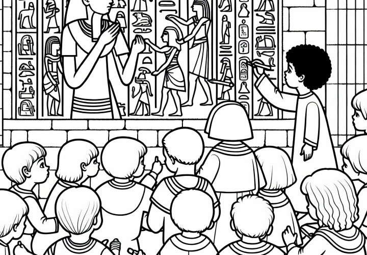 Children help with drawing hieroglyphs on a wall – Free coloring template Egyptian Empire