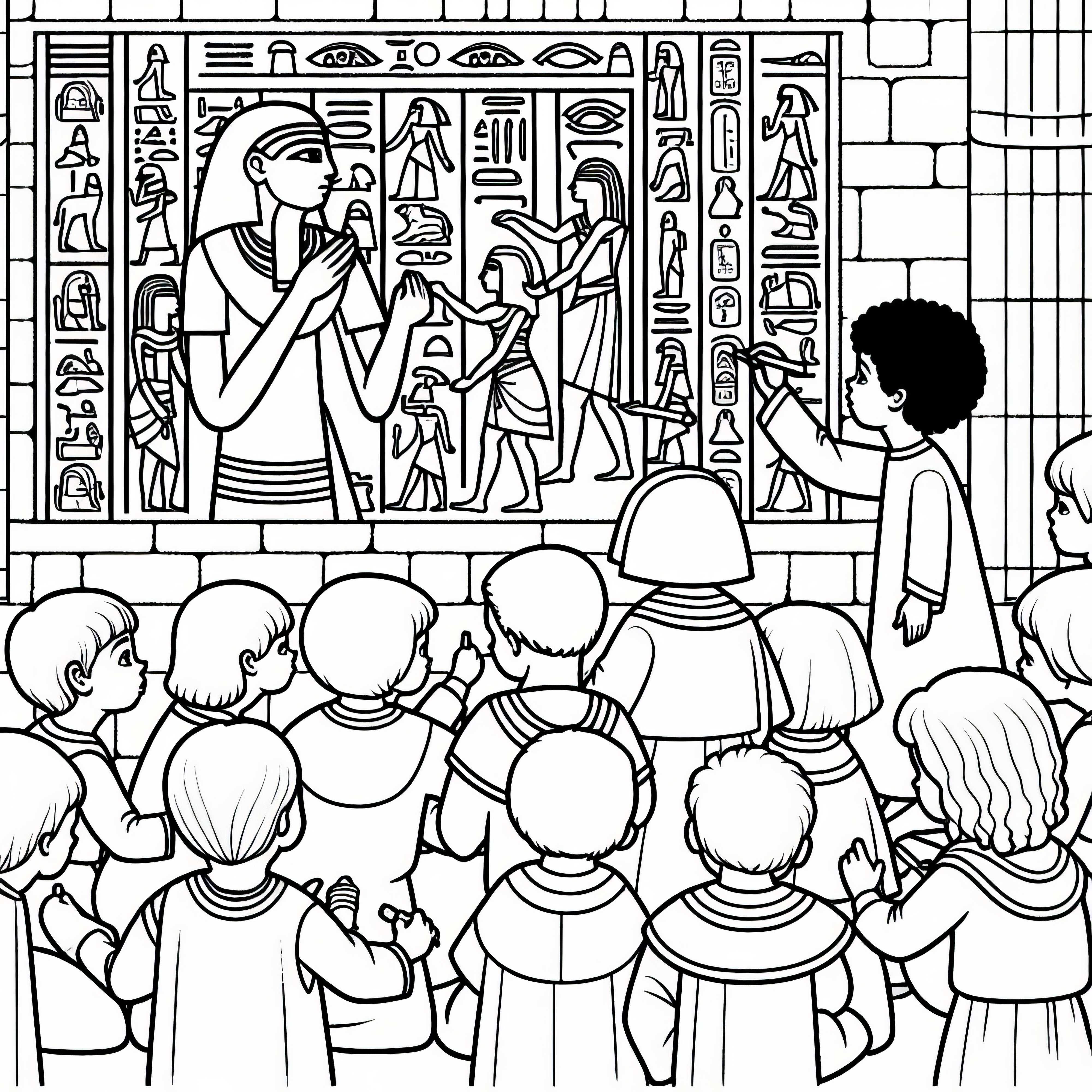 Children help with drawing hieroglyphs on a wall – Free coloring template Ancient Egypt