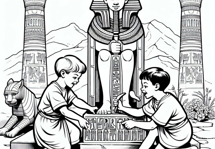 Two children are playing under a statue of the goddess Bastet – coloring page Ancient Egypt for free