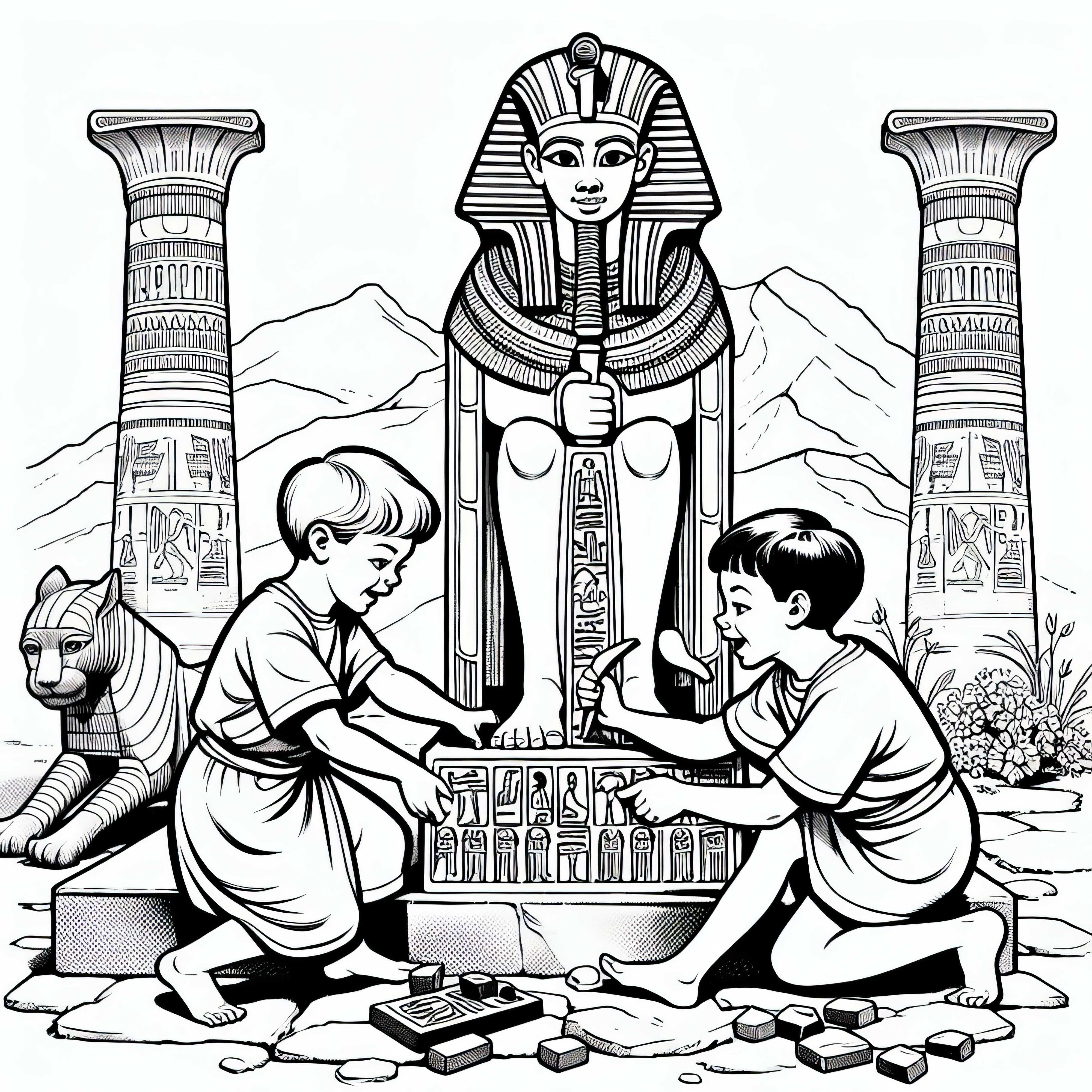 Two children are playing under a statue of the goddess Bastet – Coloring page Ancient Egypt free