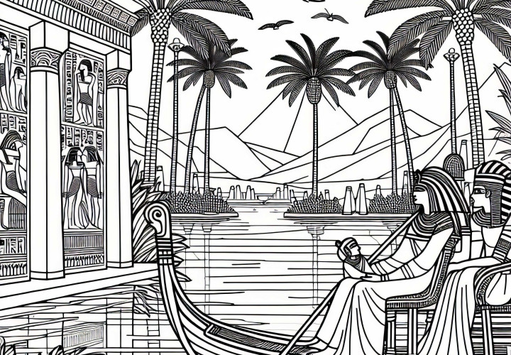 A scene with the Nile, palm trees, and a boat with a child on board – Coloring page Egyptian Empire free