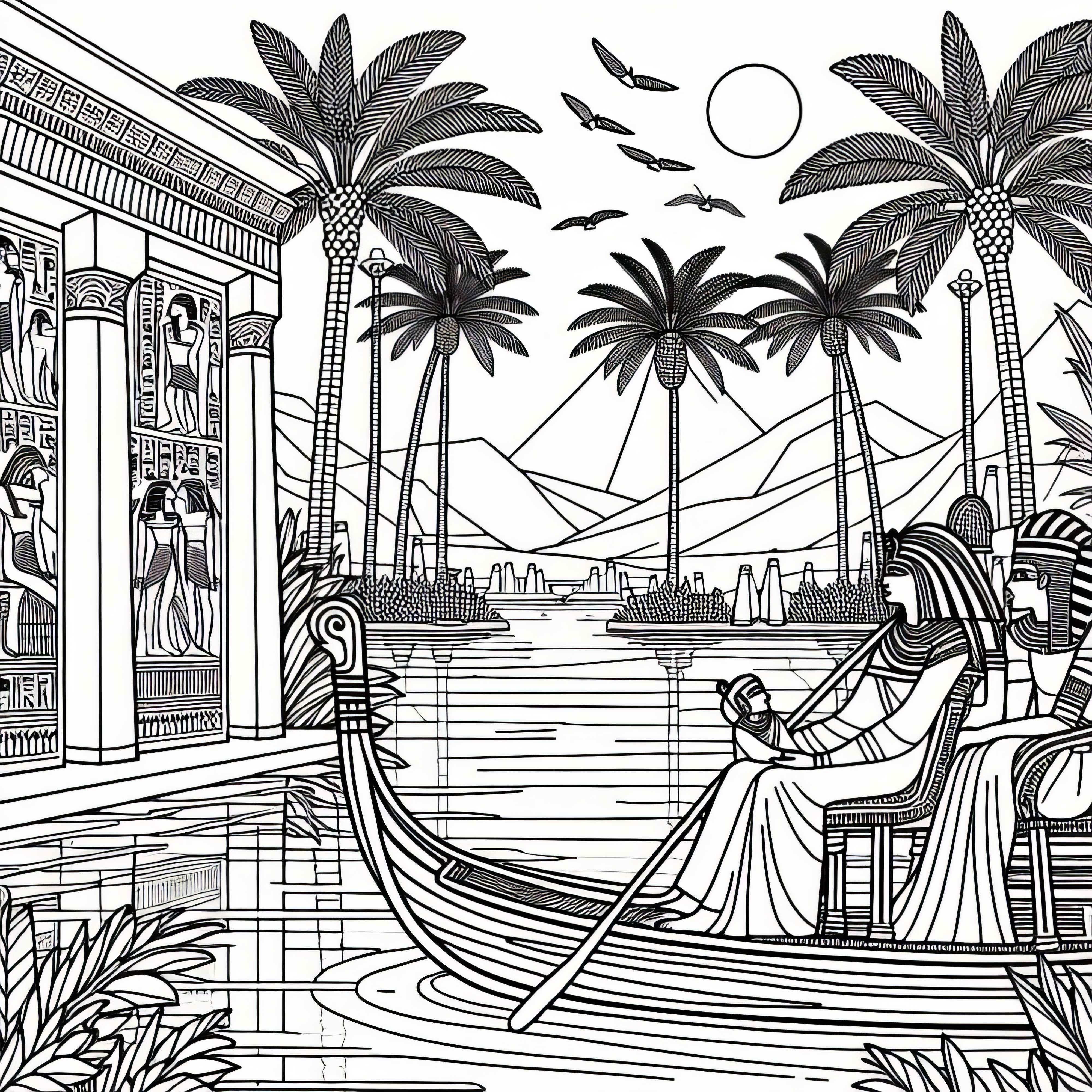 A scene with the Nile, palm trees, and a boat with a child on board – Coloring page Egyptian Empire free A scene with the Nile, palm trees, and a boat with a child on board – Coloring page Ancient Egypt for free