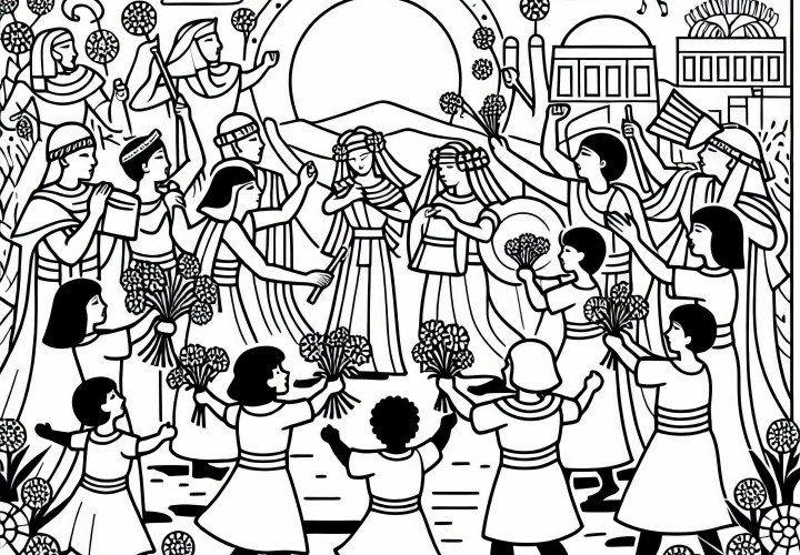 A festive parade with music and dance in which children scatter flowers coloring page Egyptian Empire free