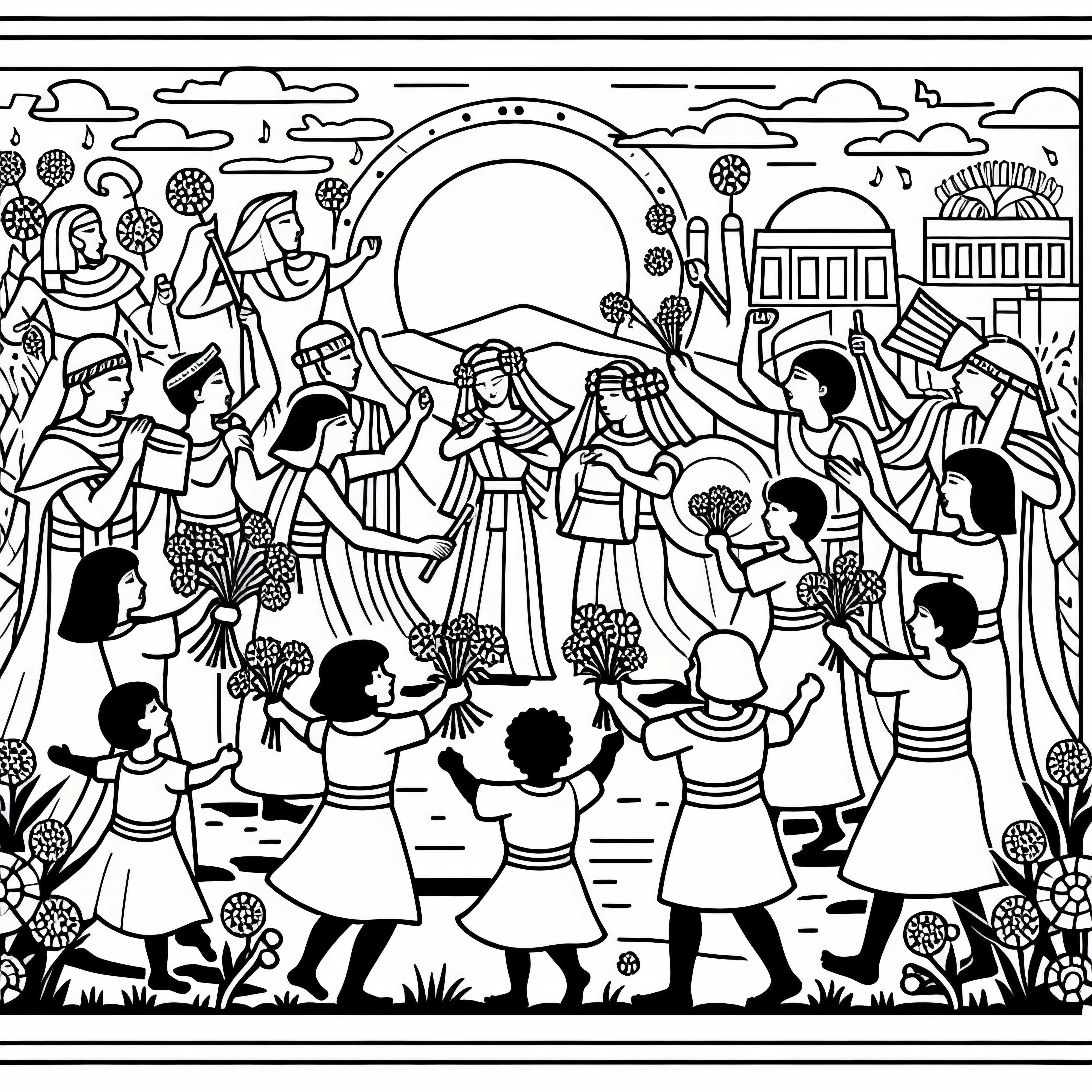 A festive parade with music and dance where children scatter flowers coloring page Egyptian Empire free