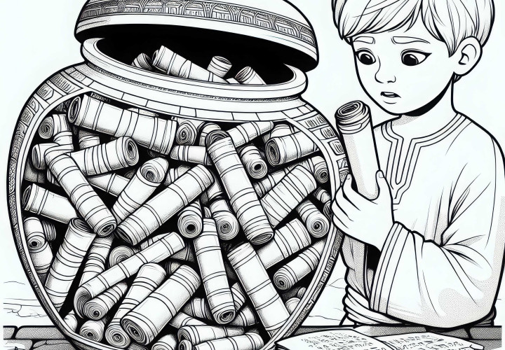 A boy curiously looks into an open jar filled with old scrolls. Coloring page Ancient Egypt free