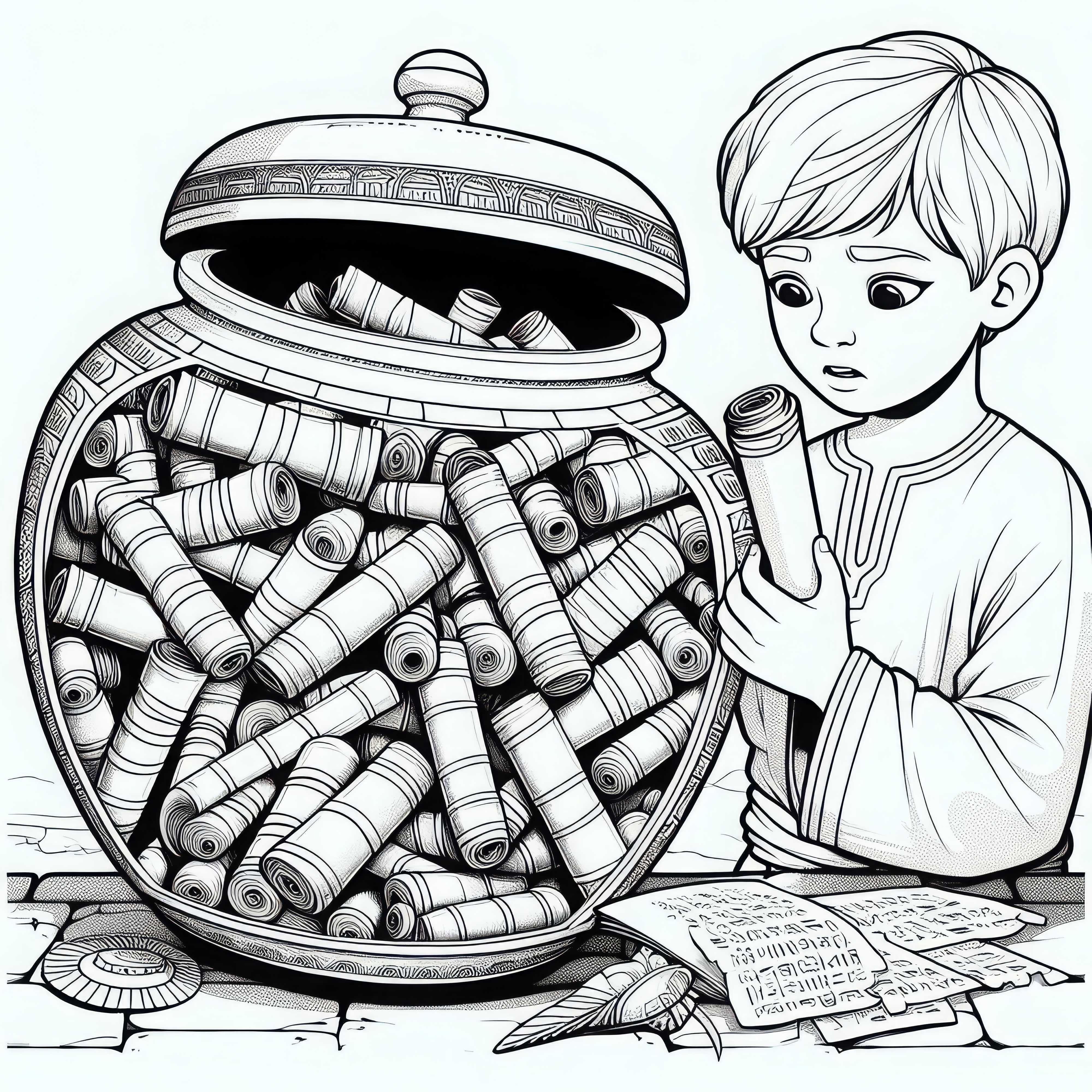 A boy looks curiously into an opened jar with old scrolls Coloring page Ancient Egypt free
