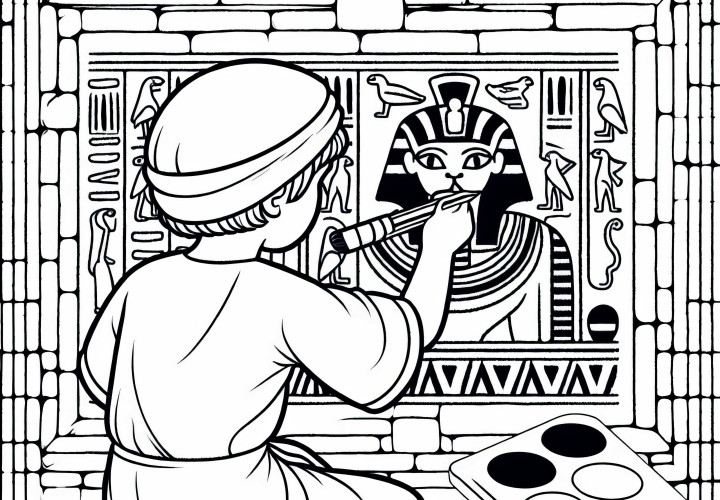 A child is painting a cat picture on a wall Coloring page Egyptian Empire free