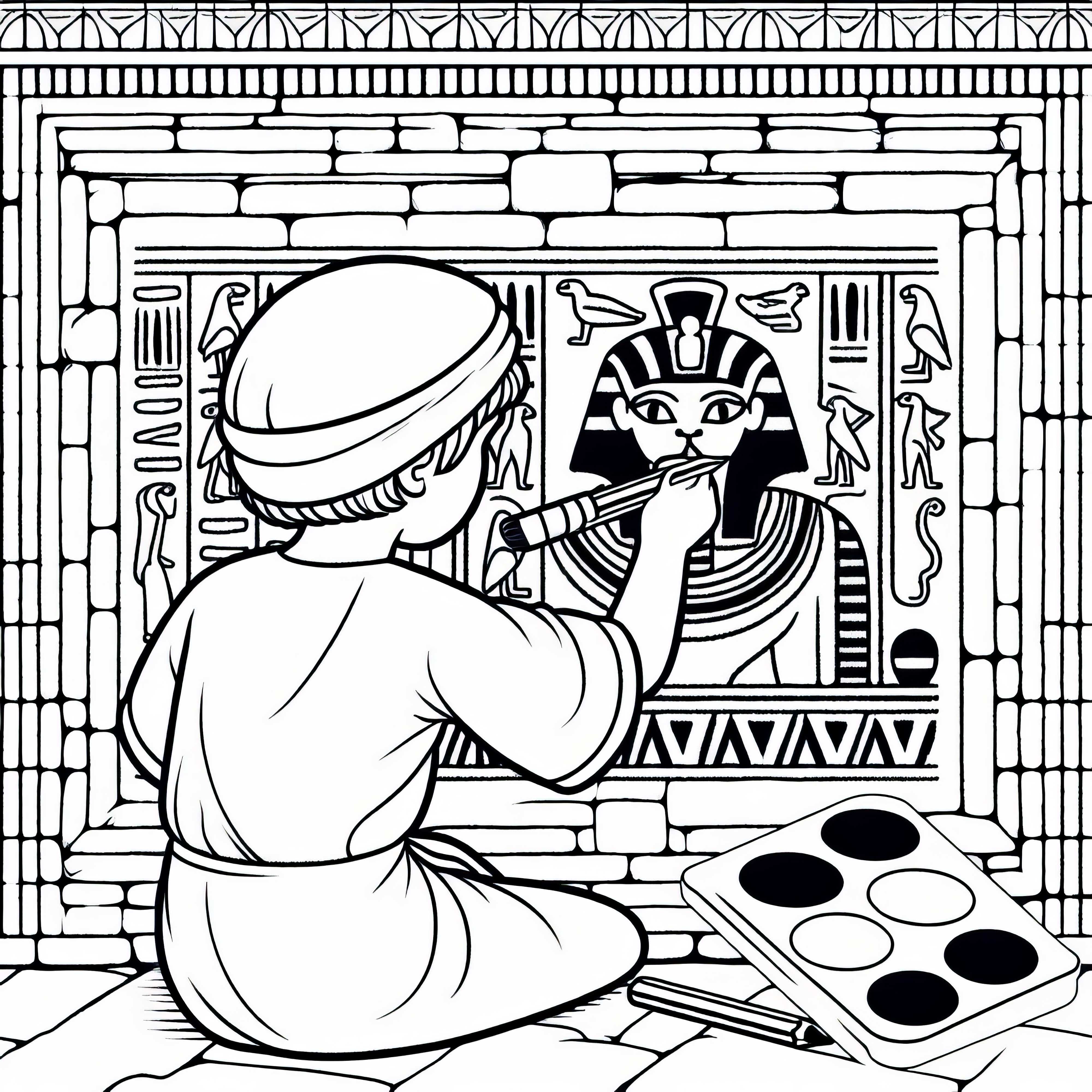 A child is painting a picture of a cat on a wall Coloring page Egyptian Empire free A child paints a picture of a cat on a wall Coloring page Egyptian Empire free