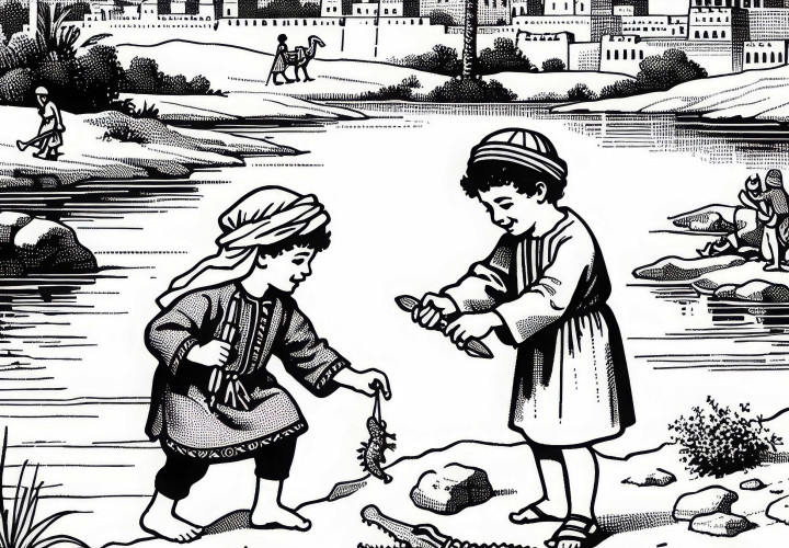 Two children are playing with a small toy crocodile at the riverbank - Coloring page Ancient Egypt free