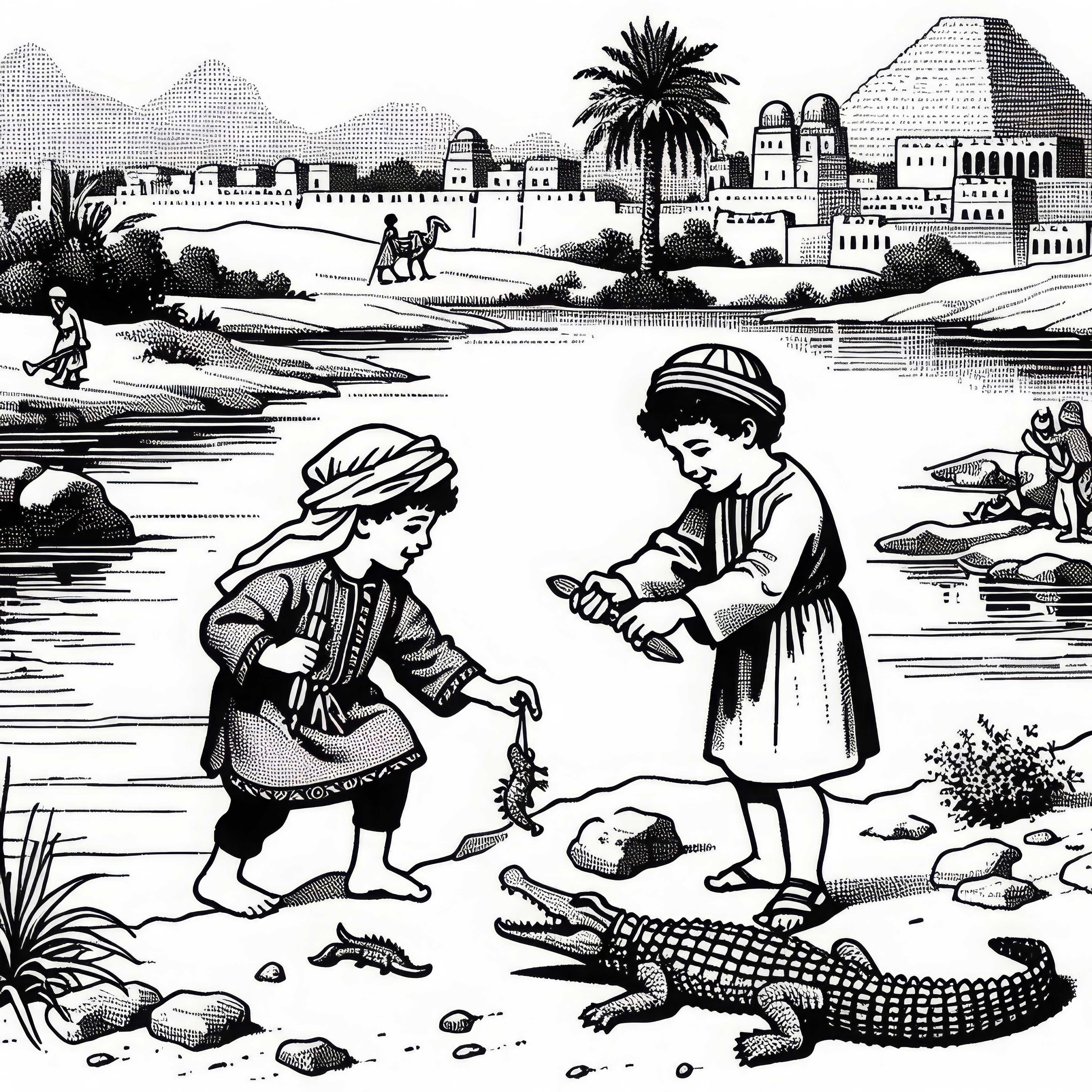 Two children are playing with a small toy crocodile on the riverbank – Coloring page Egyptian Empire free